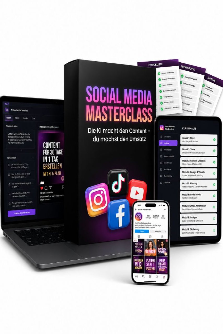Social Media Masterclass mit Laptop, Tablet und Smartphone