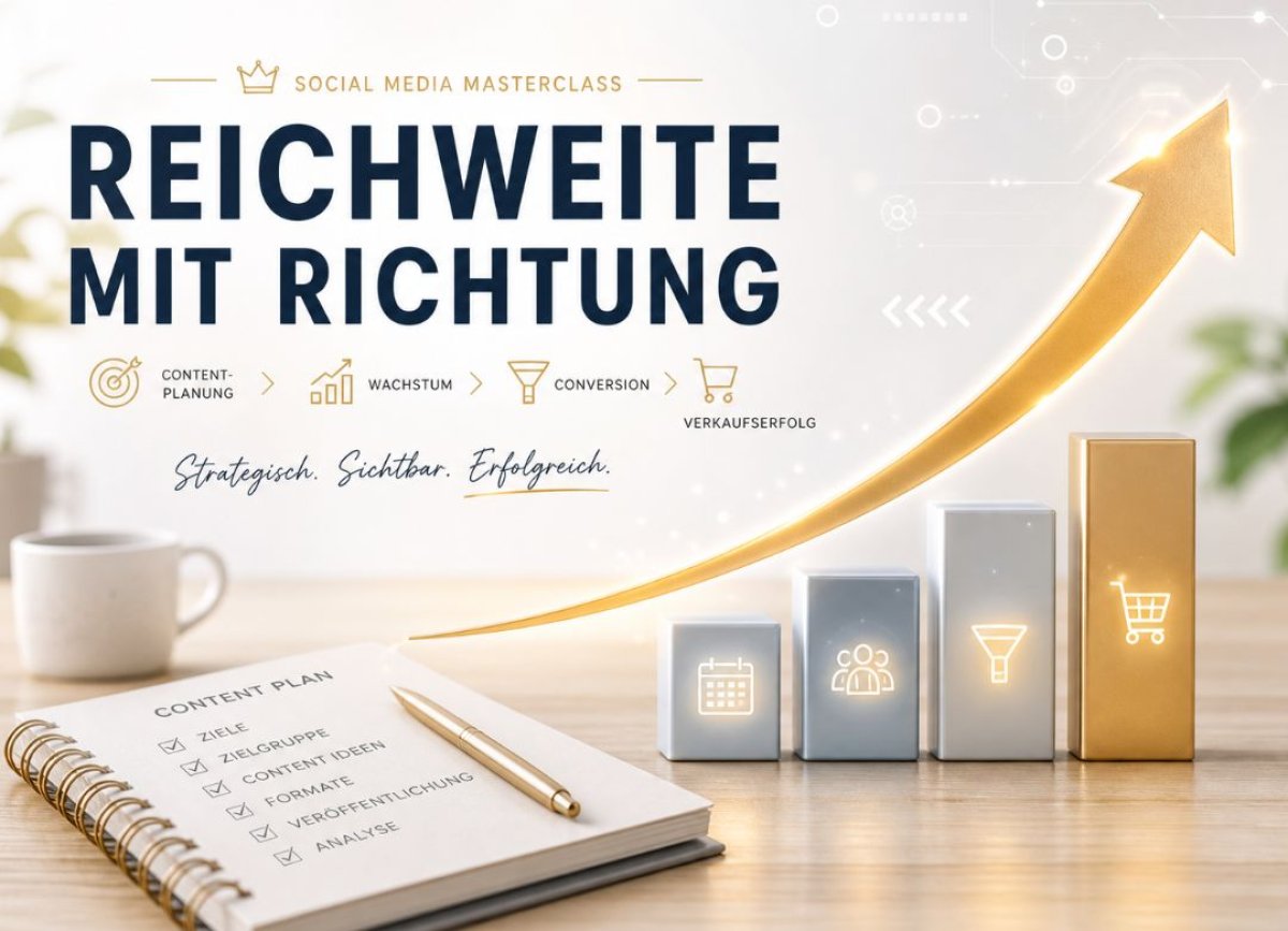 Planung, Reichweite und Umsatz mit Social Media auf hellem Hintergrund