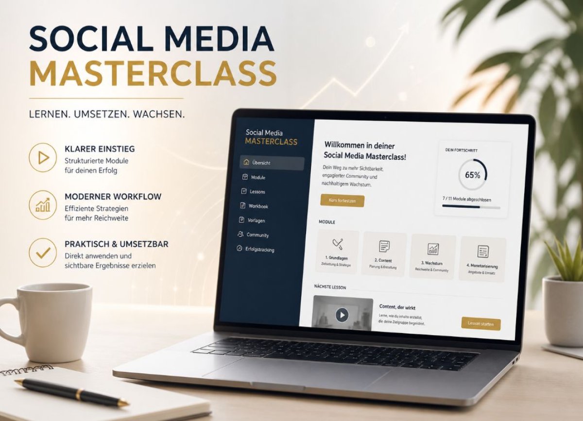 Klarer Einstieg in die Social Media Masterclass auf hellem Hintergrund